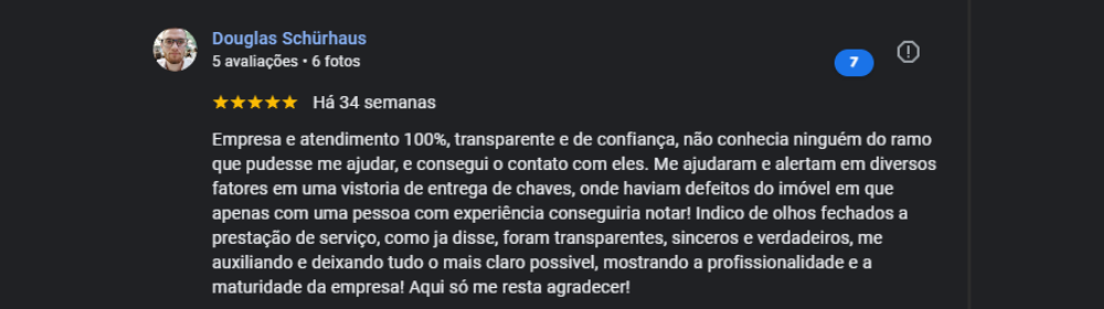 Depoimento de cliente satisfeito - Avaliação 5 estrelas